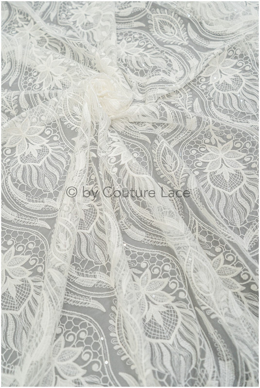 Boho peacock lace fabric off-white/ bridal lace fabric with sequins/ boho bridal lace/ vintage bridal lace/ floral lace// L20-405