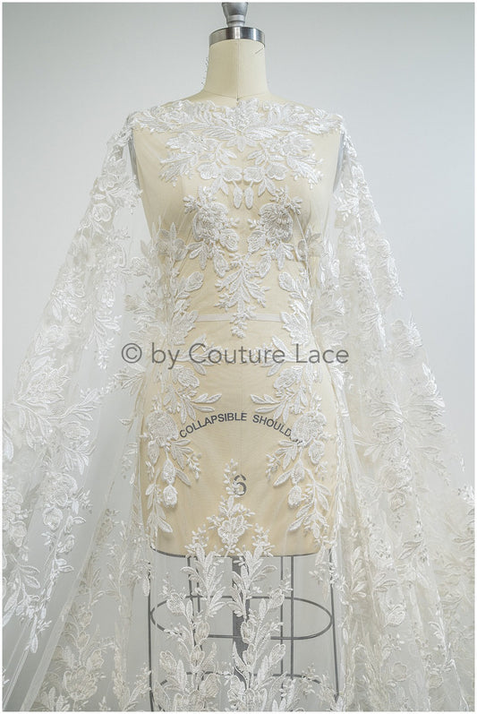 Wunderschöner Perlen Spitzenstoff Off-White/ Hochzeitsspitze floral/ Braut Spitzenstoff/ Perlen Blumen Spitzenstoff// L20-347