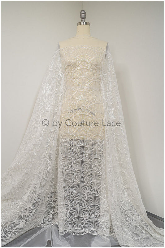 Artdeco Braut Spitzenstoff Off-White/ Pailletten Spitzenstoff für Brautkleider/ Pailletten Netzstoff// L20-333