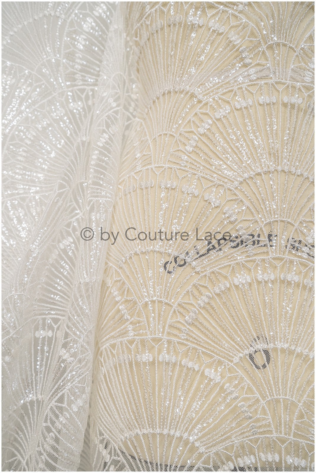Artdeco Braut Spitzenstoff Off-White/ Pailletten Spitzenstoff für Brautkleider/ Pailletten Netzstoff// L20-333