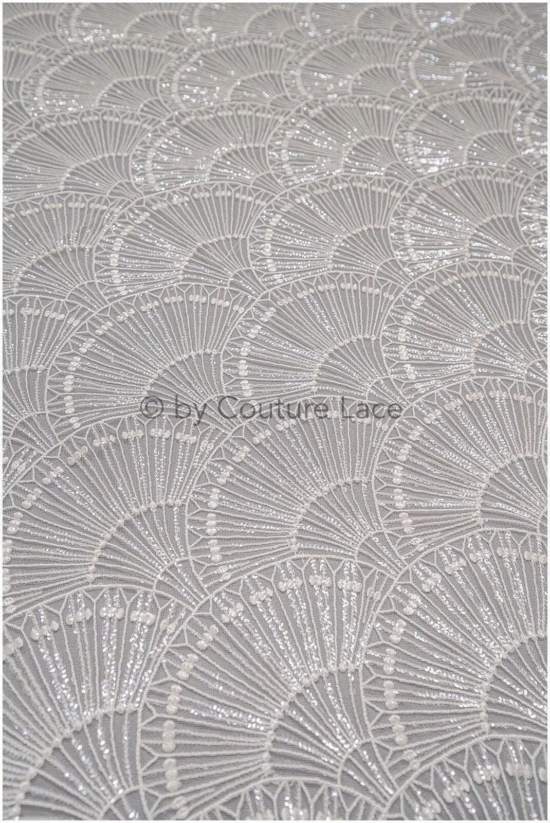 Artdeco Braut Spitzenstoff Off-White/ Pailletten Spitzenstoff für Brautkleider/ Pailletten Netzstoff// L20-333