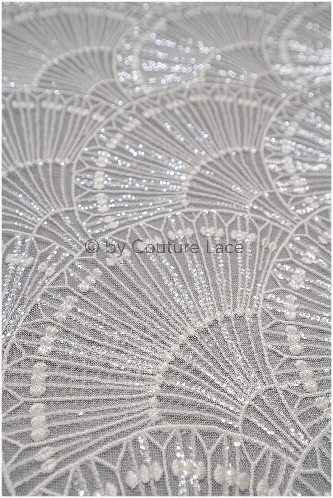 Artdeco Braut Spitzenstoff Off-White/ Pailletten Spitzenstoff für Brautkleider/ Pailletten Netzstoff// L20-333