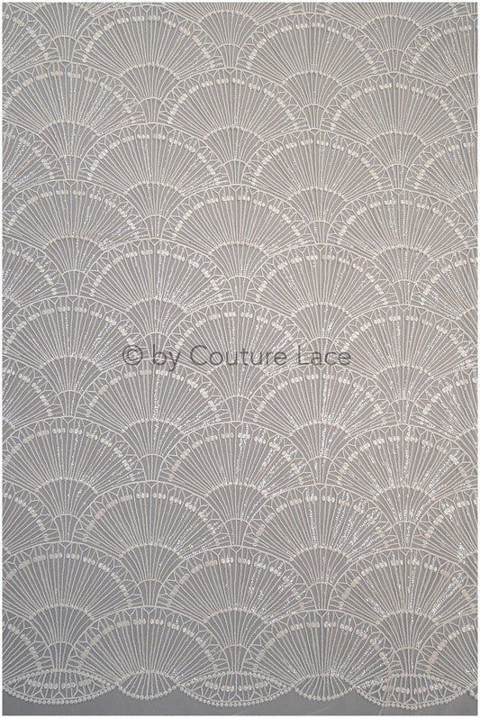 Artdeco Braut Spitzenstoff Off-White/ Pailletten Spitzenstoff für Brautkleider/ Pailletten Netzstoff// L20-333