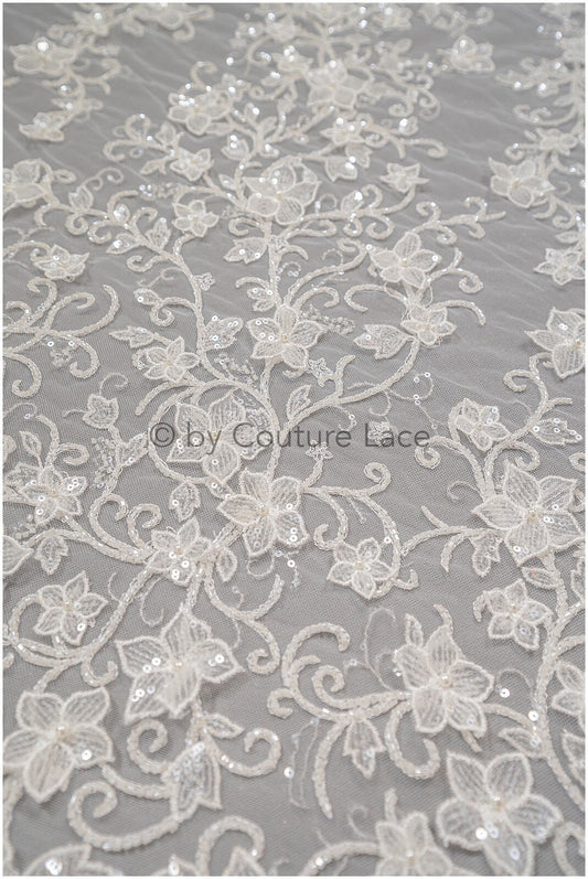 Perlen 3D Spitzenstoff, Couture Spitzenstoff mit 3D Blüten, Pronovias Spitzenstoff, floraler Spitzenstoff mit 3D Blüten// L20-335