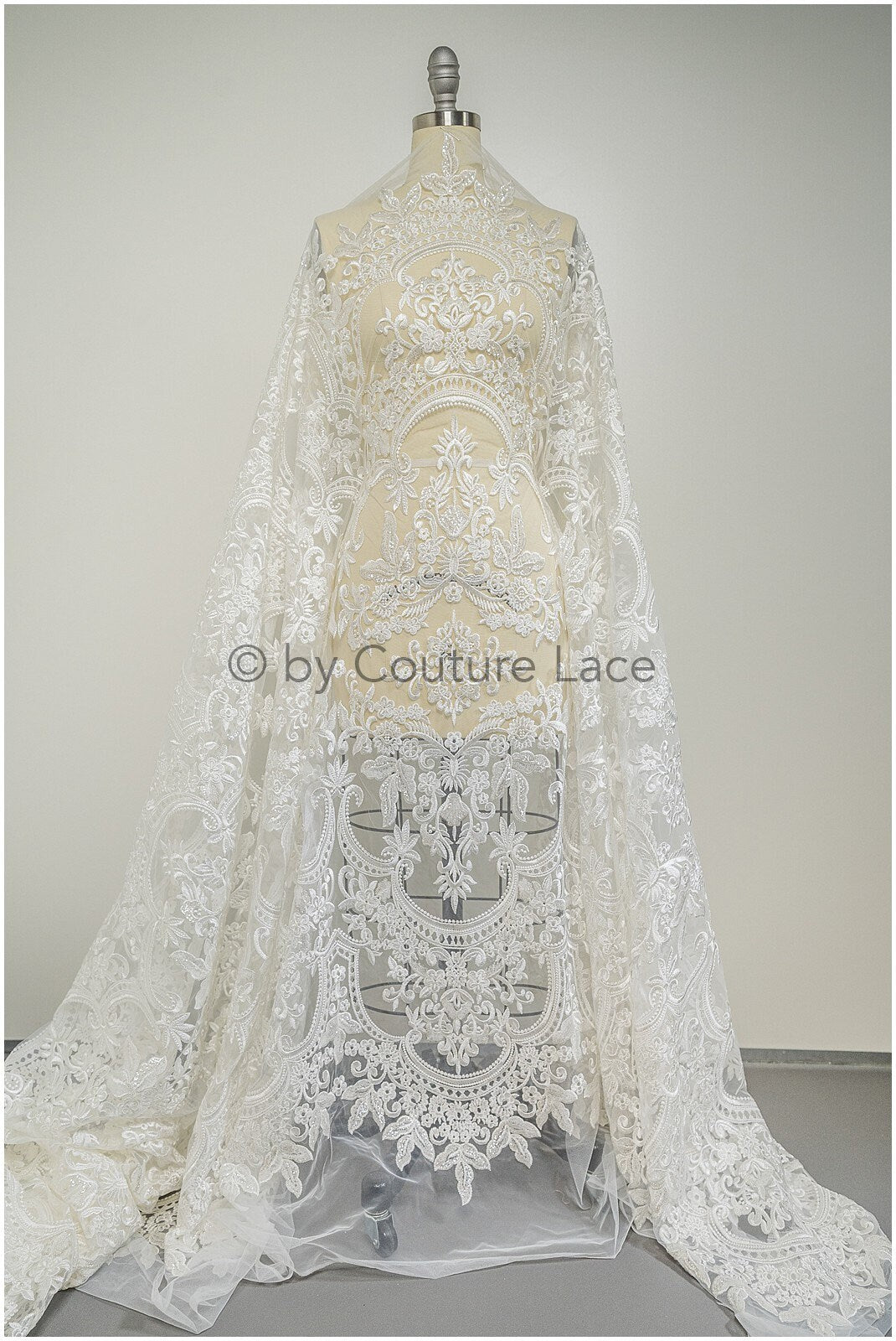 Embellished Patterned Lace Fabric Off-White/ Sequins Lace Fabric for Wedding Dresses/ Lace Fabric with Flowers &amp; Leaves// L20-339