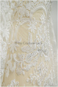 Embellished Patterned Lace Fabric Off-White/ Sequins Lace Fabric for Wedding Dresses/ Lace Fabric with Flowers &amp; Leaves// L20-339