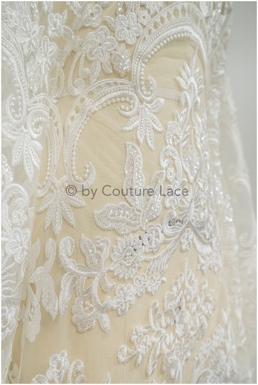 Embellished Patterned Lace Fabric Off-White/ Sequins Lace Fabric for Wedding Dresses/ Lace Fabric with Flowers &amp; Leaves// L20-339