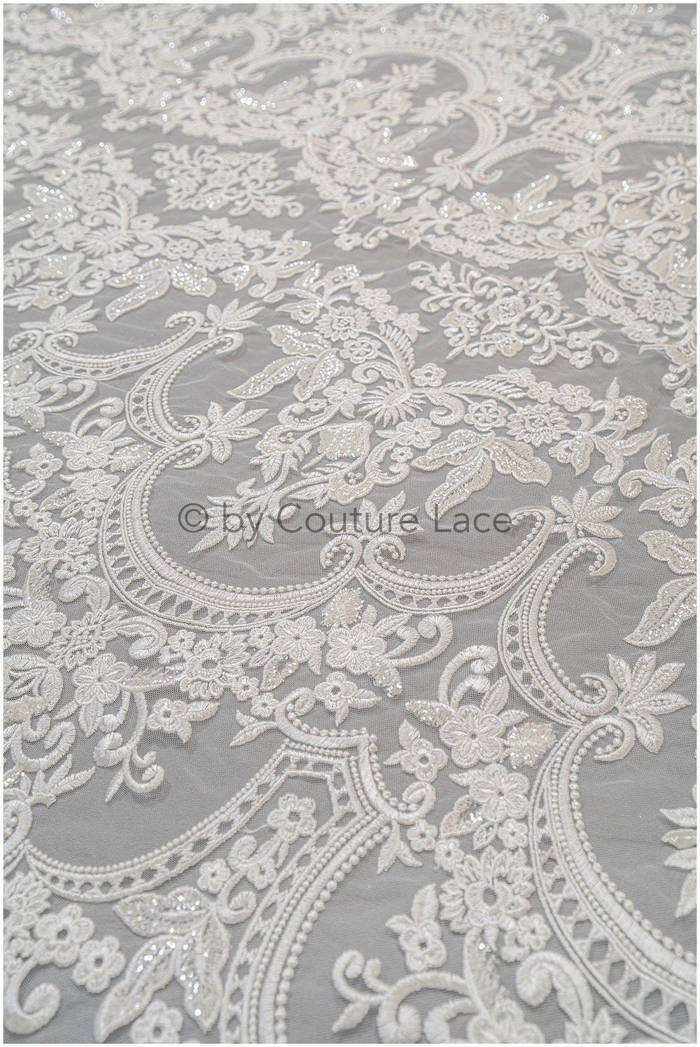 Embellished Patterned Lace Fabric Off-White/ Sequins Lace Fabric for Wedding Dresses/ Lace Fabric with Flowers &amp; Leaves// L20-339