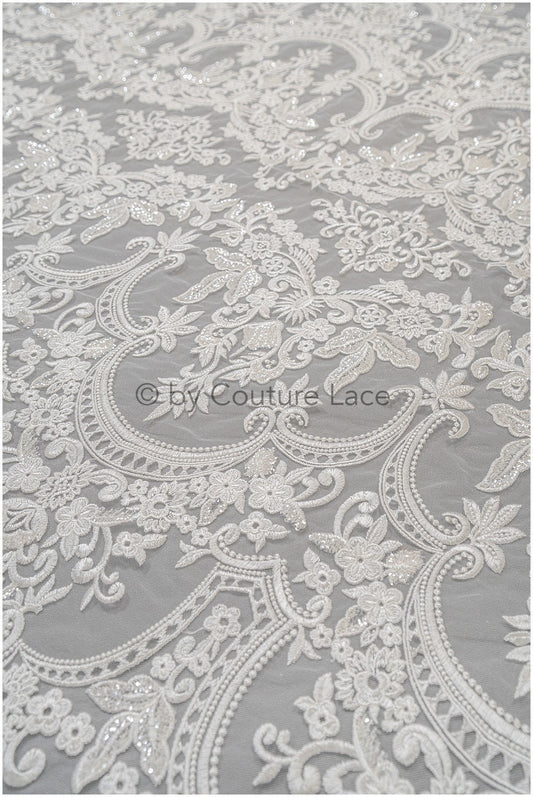 Embellished Patterned Lace Fabric Off-White/ Sequins Lace Fabric for Wedding Dresses/ Lace Fabric with Flowers &amp; Leaves// L20-339