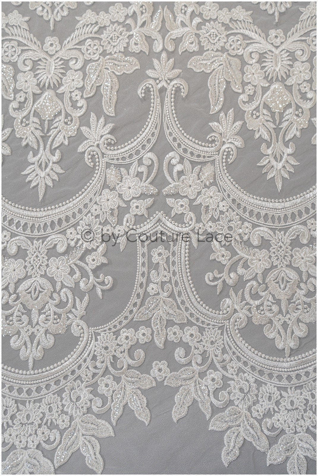 Embellished Patterned Lace Fabric Off-White/ Sequins Lace Fabric for Wedding Dresses/ Lace Fabric with Flowers &amp; Leaves// L20-339