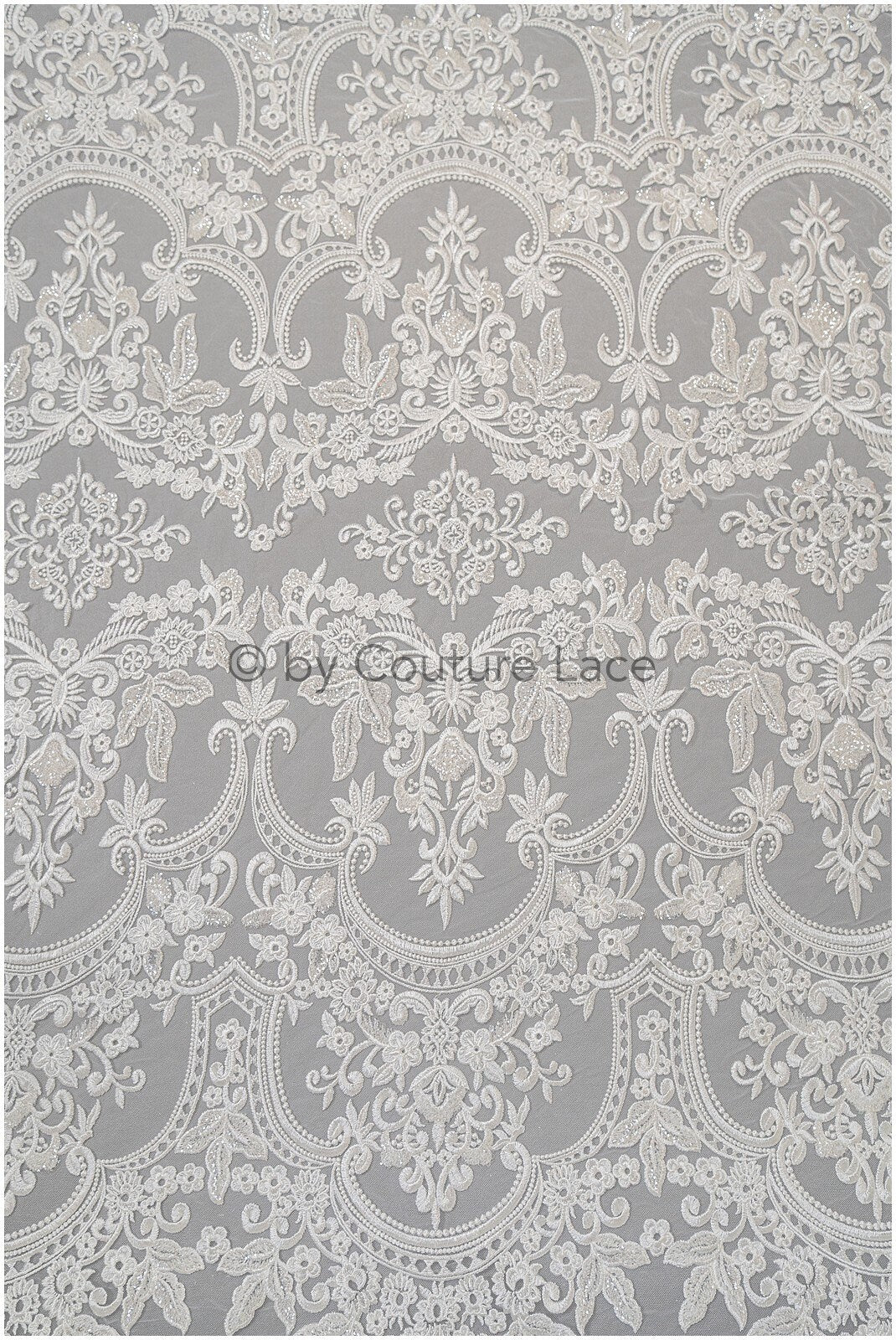 Embellished Patterned Lace Fabric Off-White/ Sequins Lace Fabric for Wedding Dresses/ Lace Fabric with Flowers &amp; Leaves// L20-339