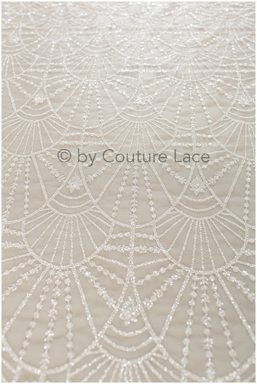 Shiny off-white diamond glitter tulle fabric/ mesh fabric/ wedding dress fabric with glitter/ shiny bridal lace fabric// R-020