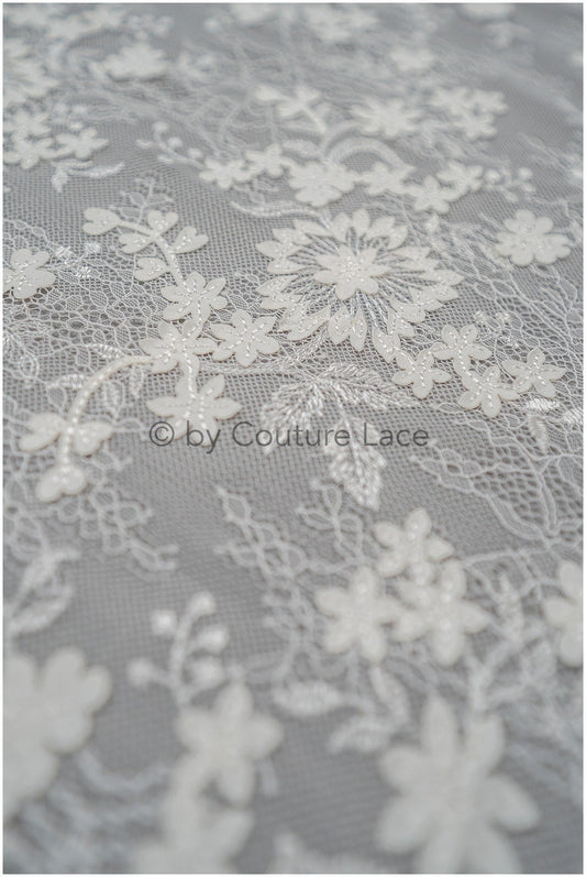 French 3D lace fabric off-white/ couture lace fabric with 3D flowers/ delicate bridal lace fabric/ bridal lace// L20-371