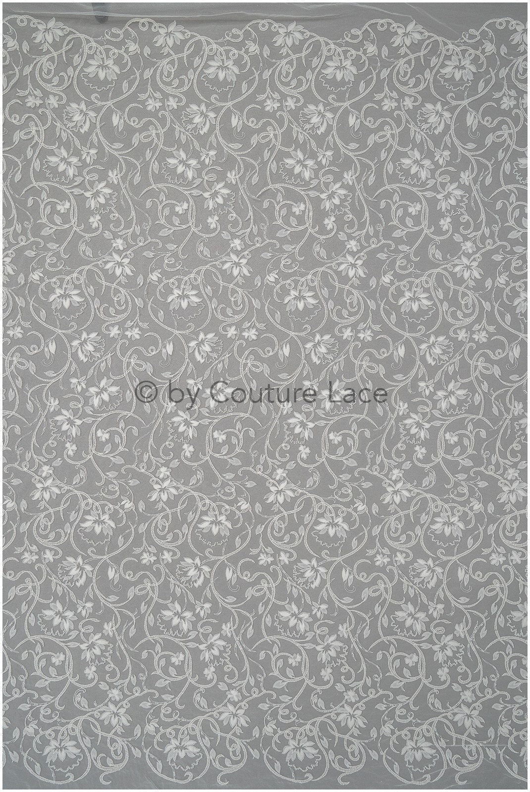 Romantische Perlenblütenspitze Off-White/ Couture Spitzenstoff mit Chiffonblüten/ zarter Braut Spitzenstoff/ Brautspitze mit Blumen// L20-373