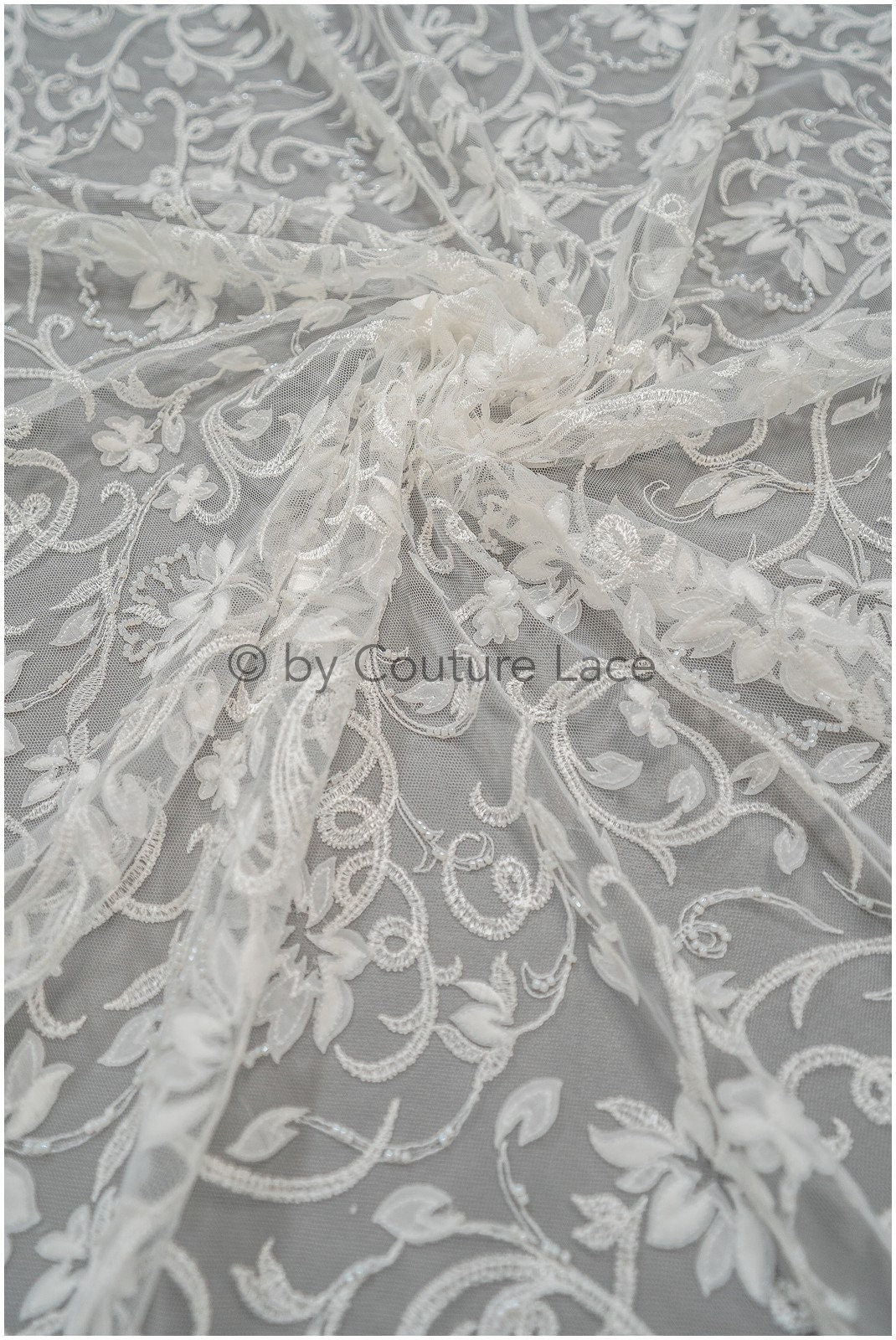 Romantische Perlenblütenspitze Off-White/ Couture Spitzenstoff mit Chiffonblüten/ zarter Braut Spitzenstoff/ Brautspitze mit Blumen// L20-373