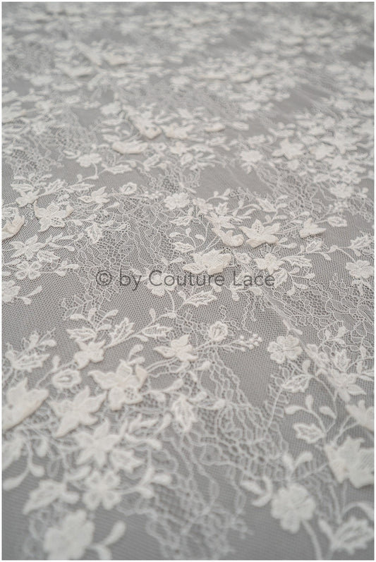 French 3D lace fabric off-white/ couture lace fabric with 3D flowers/ delicate bridal lace fabric/ bridal lace with flowers// L20-375