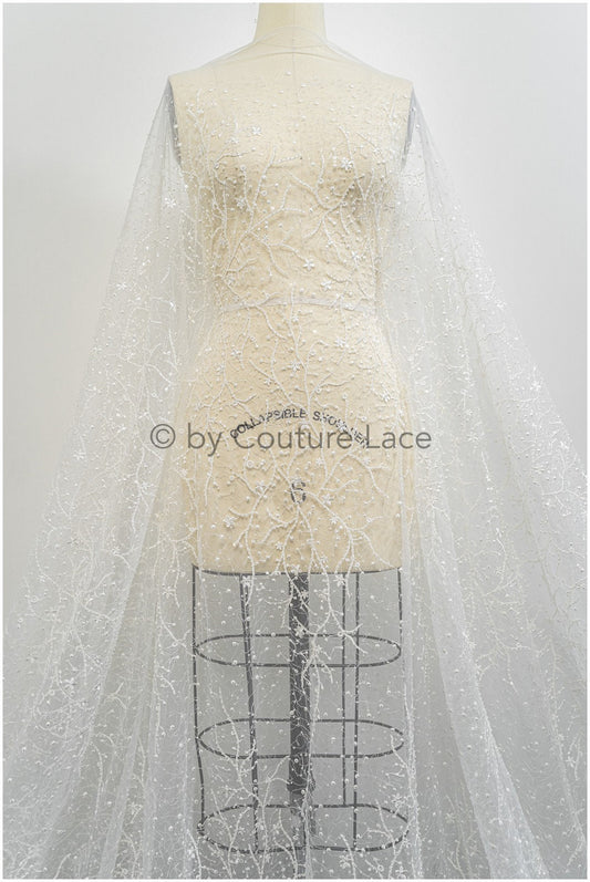 Romantische Perlenblütenspitze Off-White/ Couture Spitzenstoff mit kleinen Blumen/ zarter Braut Spitzenstoff/ Brautspitze mit Blumen// L20-377
