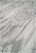 Fringed Boho Lace Fabric Off-White/ Lace Fabric with Fringes/ Boho Bridal Lace Fabric/ Bridal Lace with Flowers// L20-376