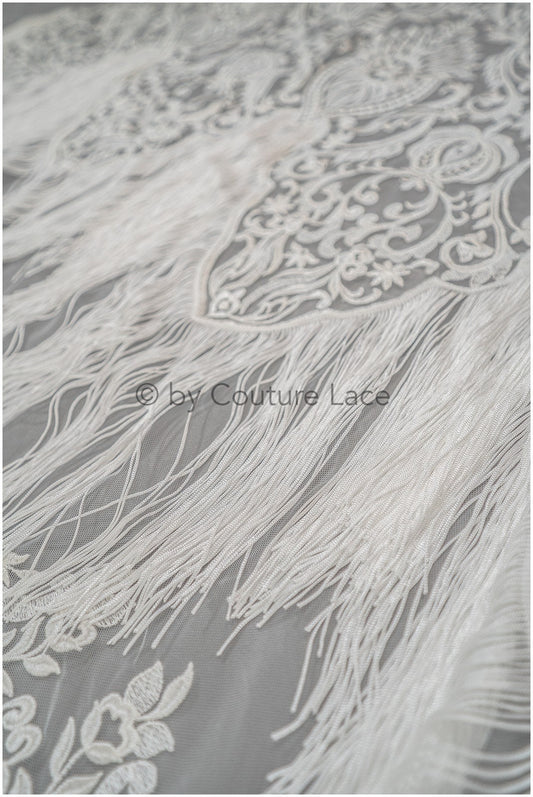 Fringed Boho Lace Fabric Off-White/ Lace Fabric with Fringes/ Boho Bridal Lace Fabric/ Bridal Lace with Flowers// L20-376