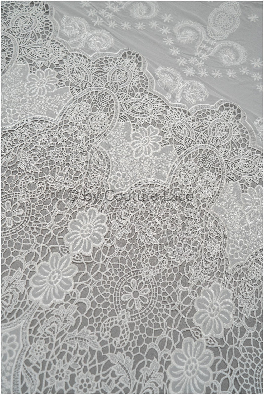 Bridal lace fabric off-white/ chiffon lace fabric for wedding dress/ crocheted lace/ boho lace fabric// L20-374