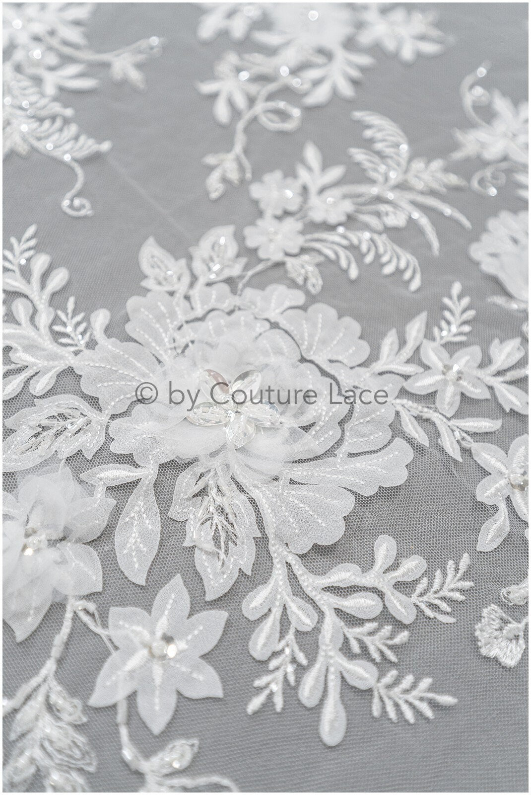 3D floral lace off-white/ couture lace fabric with 3D flowers &amp; pearls/ delicate bridal lace fabric/ bridal lace with flowers// L20-369