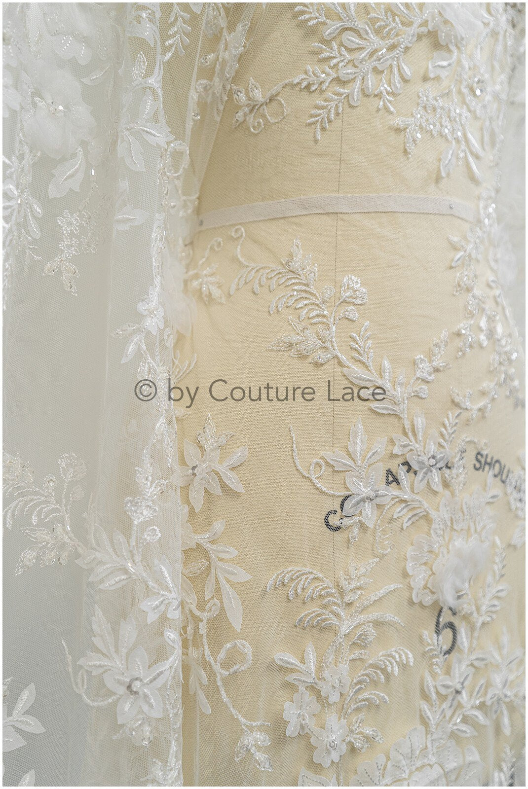 3D floral lace off-white/ couture lace fabric with 3D flowers &amp; pearls/ delicate bridal lace fabric/ bridal lace with flowers// L20-369