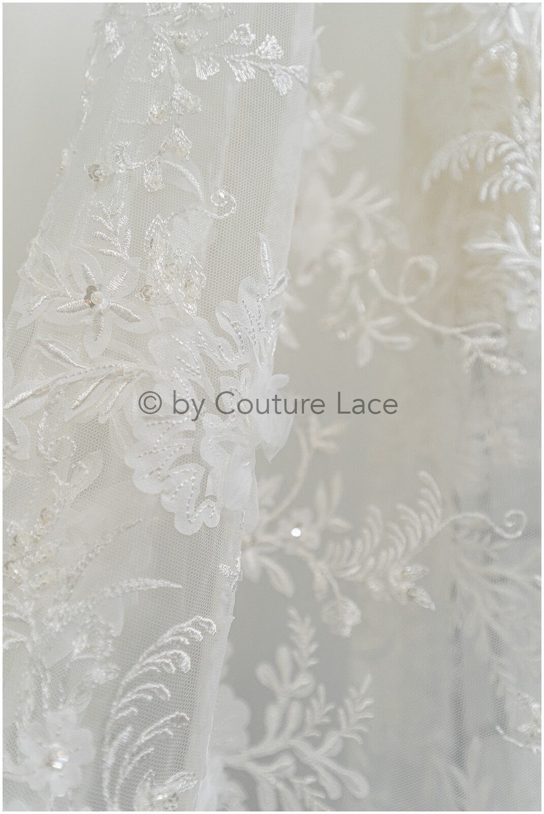 3D floral lace off-white/ couture lace fabric with 3D flowers &amp; pearls/ delicate bridal lace fabric/ bridal lace with flowers// L20-369