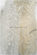 Beautiful pearl lace fabric off-white/ Couture lace fabric with pearls &amp; sequins/ Bridal lace with branches &amp; leaves// L20-399