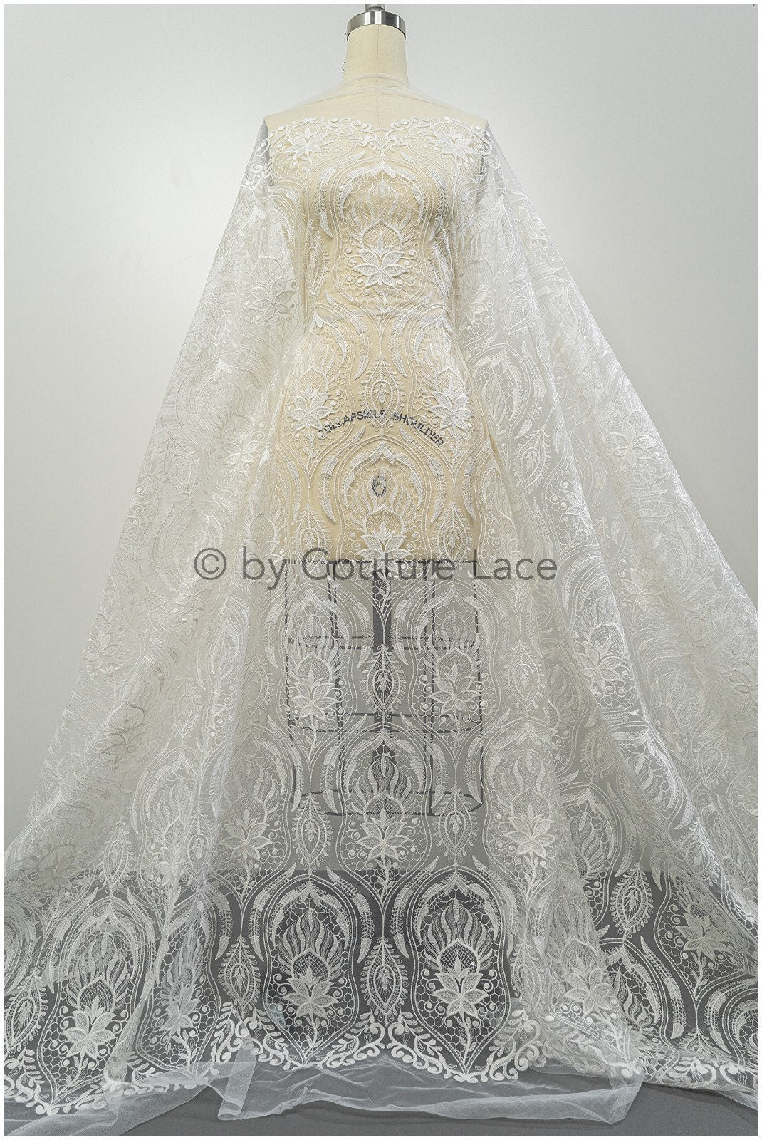 Boho peacock lace fabric off-white/ bridal lace fabric with sequins/ boho bridal lace/ vintage bridal lace/ floral lace// L20-405