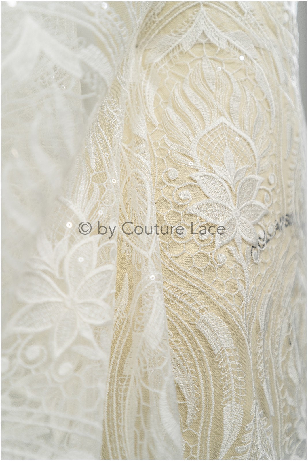 Boho peacock lace fabric off-white/ bridal lace fabric with sequins/ boho bridal lace/ vintage bridal lace/ floral lace// L20-405
