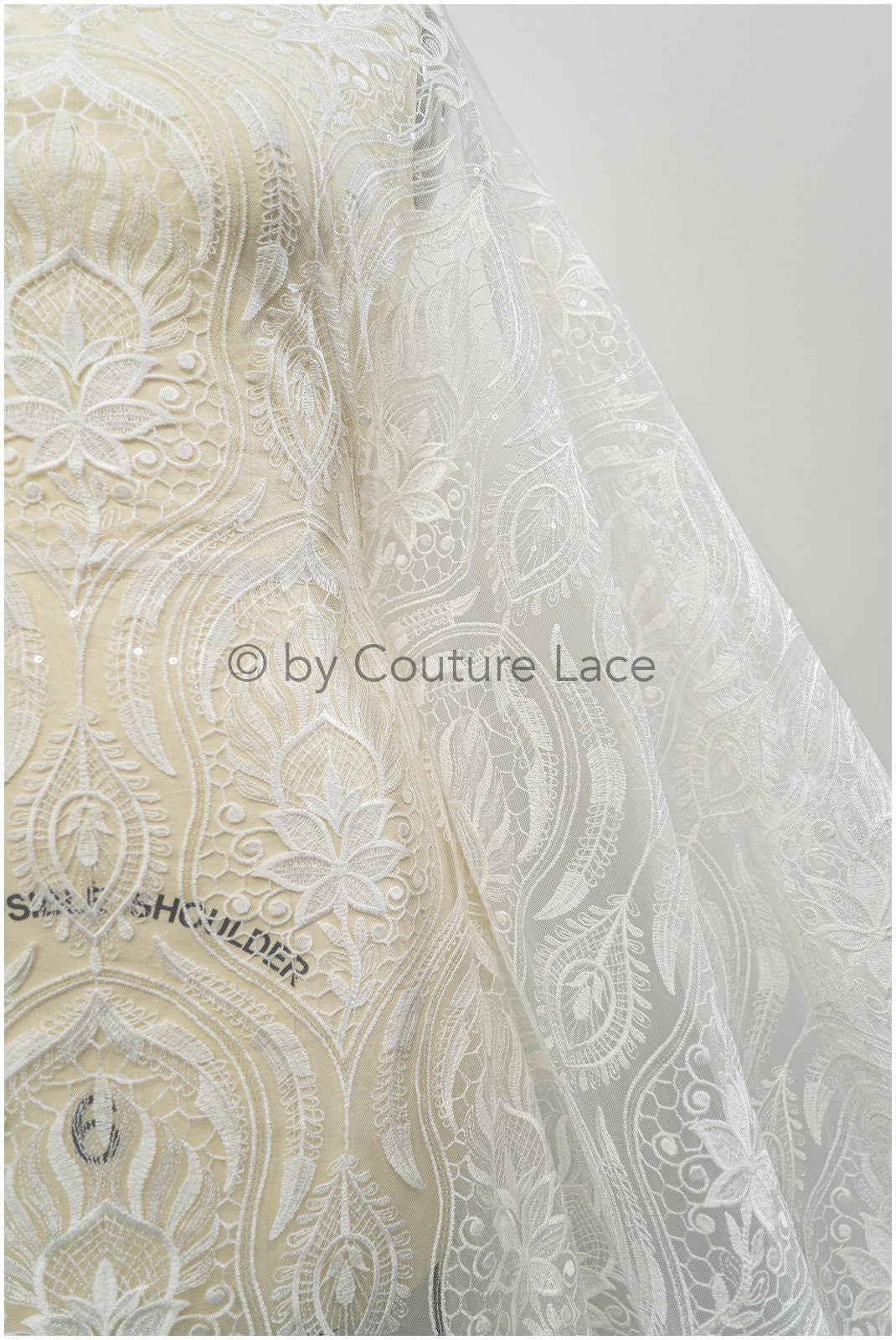 Boho peacock lace fabric off-white/ bridal lace fabric with sequins/ boho bridal lace/ vintage bridal lace/ floral lace// L20-405