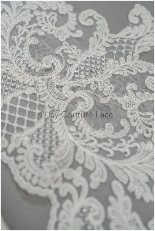 Bridal lace trim/ off-white embroidered lace trim/ elegant lace embroidery// T21-142