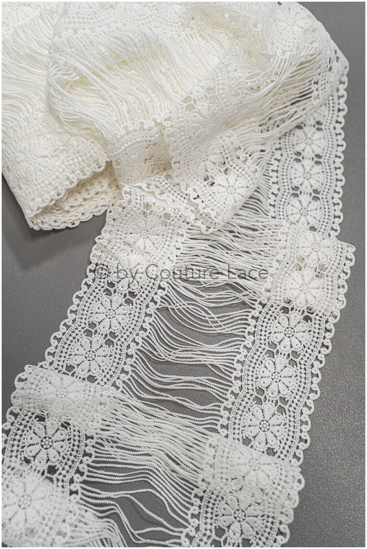 Guipure lace trim/ Off-white lace trim with fringes/ Bridal crocheted lace trim// T21-141