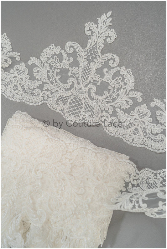 Bridal lace trim/ off-white embroidered lace trim/ elegant lace embroidery// T21-142