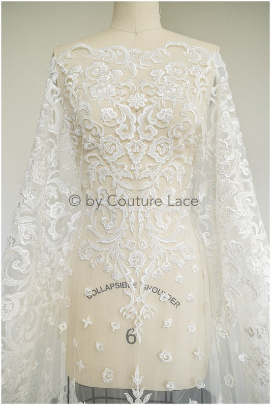 Berta Bridal Spitzenstoff, Brautspitze mit Perlen und Pailletten, verzierte Blumenspitze, Berta Braut Hochzeitsspitze// L19-302