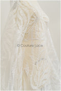 Bridal lace fabric off-white/ leaf lace fabric/ bridal floral lace with sequins/ snowflake lace fabric// L21-346CS