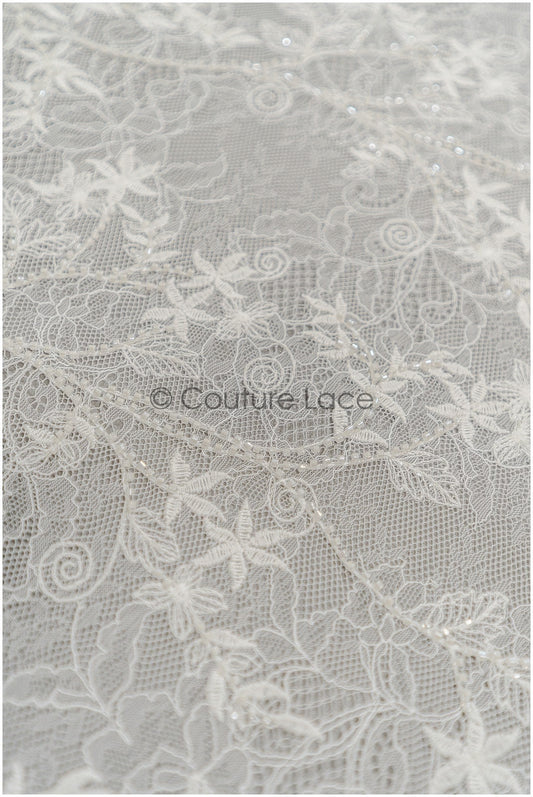 French lace fabric with floral pattern &amp; beads/ floral lace fabric/ bridal lace/ lingerie lace// L21-411