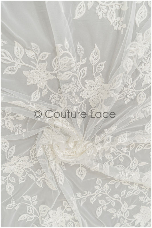 Romantischer floraler Spitzenstoff Off-White/ Braut Spitzenstoff/ florale Spitzenstickerei/ Blumenspitze mit Pailletten// L21-016NB