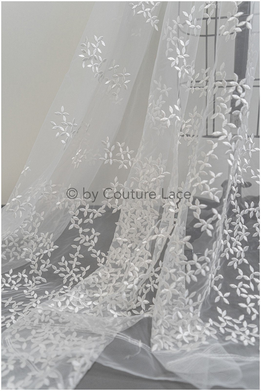 Bridal lace fabric off-white/ leaf lace fabric/ bridal floral lace/ gradient lace fabric// L21-043