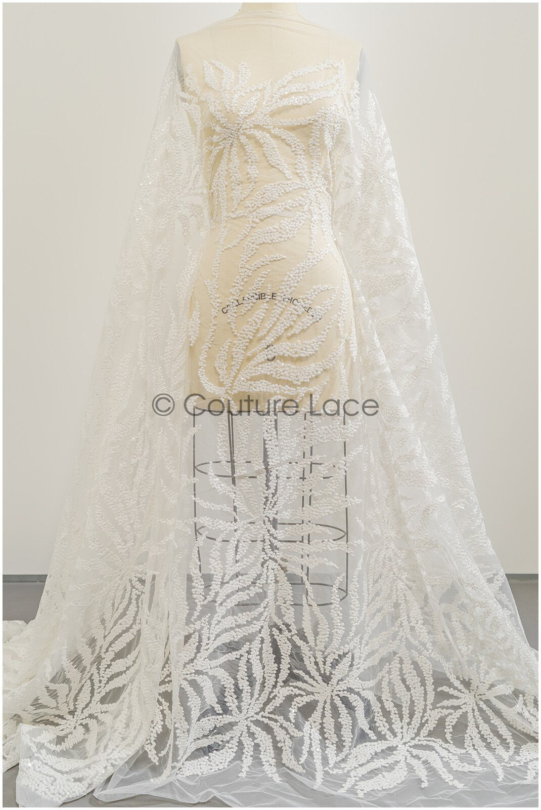 Bridal lace fabric off-white/ leaf lace fabric/ bridal floral lace with sequins/ snowflake lace fabric// L21-346CS
