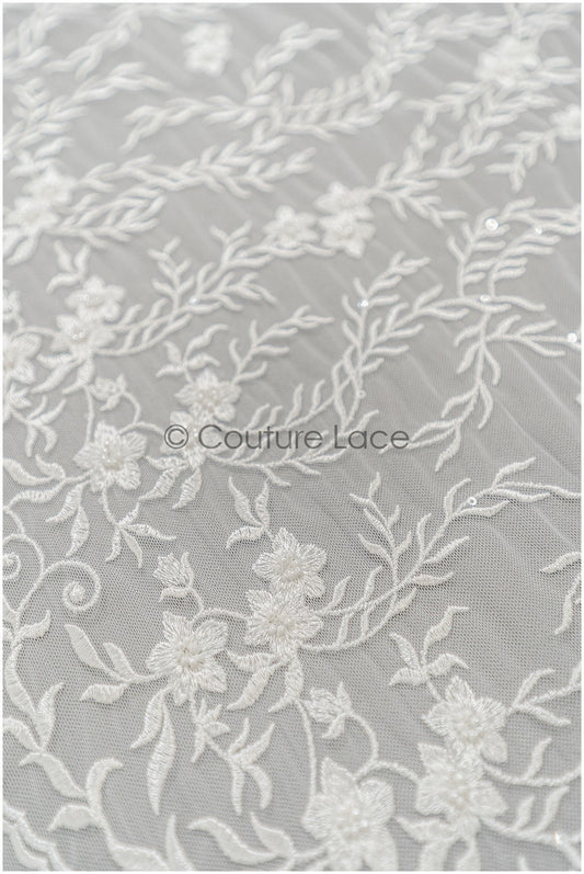 Perlen Brautspitzenstoff Off-White/ Spitzenstoff mit Perlen/ Braut Spitze/ floraler Spitzenstoff// L21-408