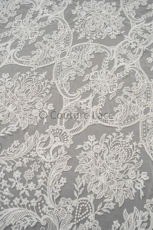 Luxus bestickter Spitzenstoff/ Brautspitze Off-White/ Hochzeitskleid Spitze// L21-209NB