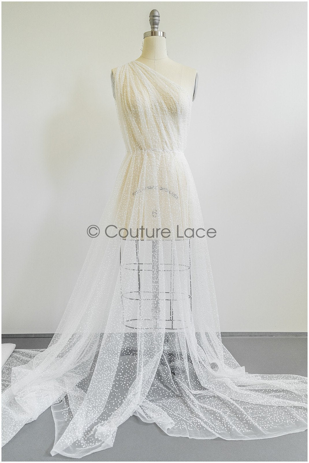 21.8 Yds/20-Meter BOLT - very soft tulle with snowflakes, off-white tulle with dots, snowflake tulle, flock tulle fabric// R-177-W Bolt 21,8YDS 
