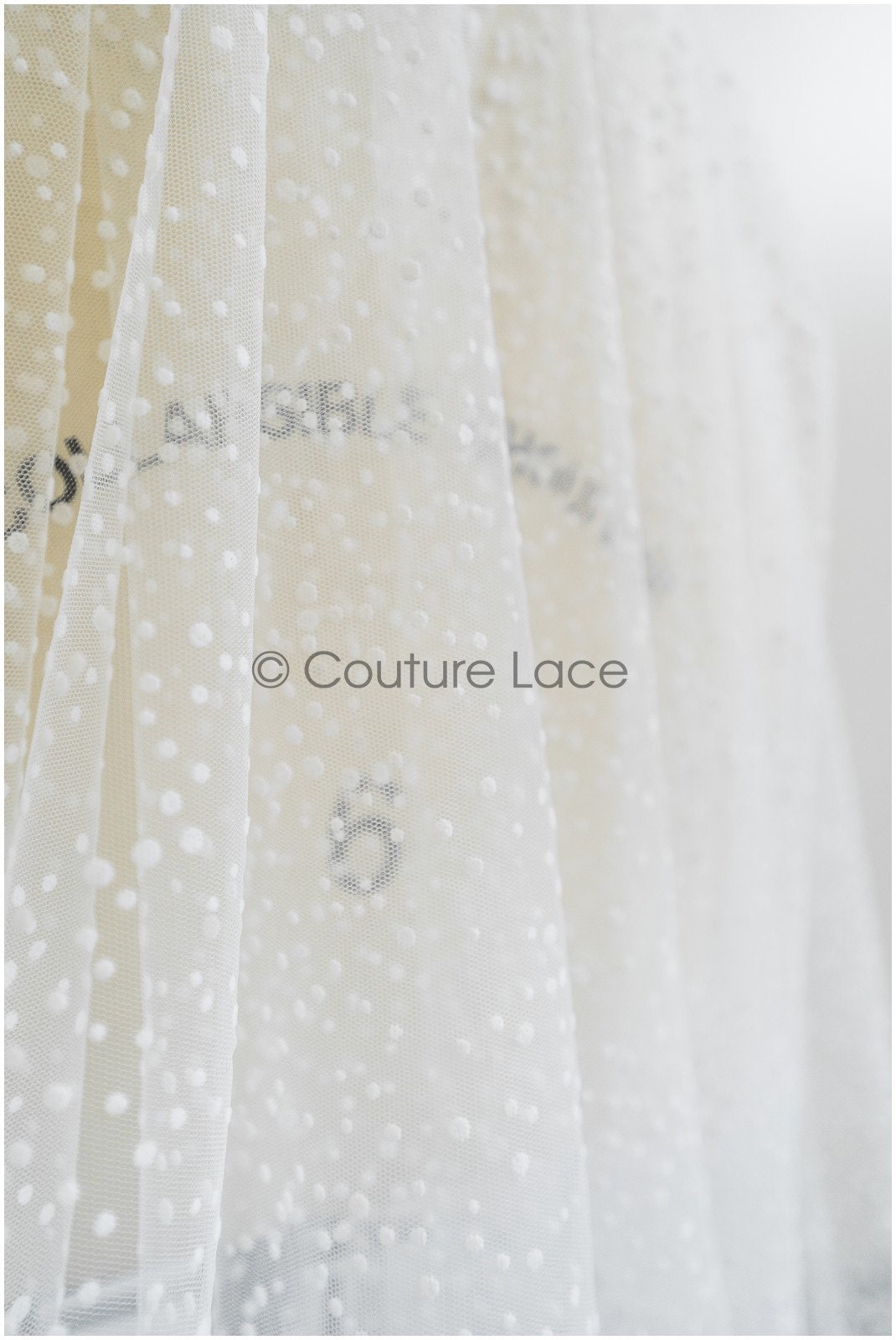 21.8 Yds/20-Meter BOLT - very soft tulle with snowflakes, off-white tulle with dots, snowflake tulle, flock tulle fabric// R-177-W Bolt 21,8YDS 