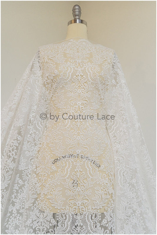 Embellished bridal lace fabric, oriental bridal lace fabric, wedding dress lace fabric, embroidered ornamental cotton lace fabric// L19-310
