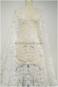 Embellished Patterned Lace Fabric Off-White/ Sequins Lace Fabric for Wedding Dresses/ Lace Fabric with Flowers &amp; Leaves// L20-339