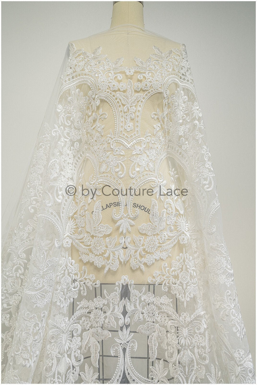 Embellished Patterned Lace Fabric Off-White/ Sequins Lace Fabric for Wedding Dresses/ Lace Fabric with Flowers &amp; Leaves// L20-339