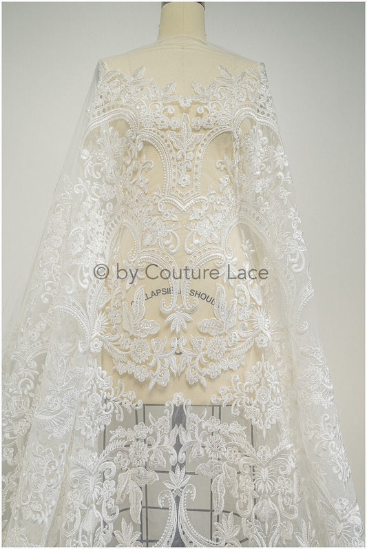 Embellished Patterned Lace Fabric Off-White/ Sequins Lace Fabric for Wedding Dresses/ Lace Fabric with Flowers &amp; Leaves// L20-339