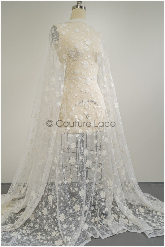 French lace fabric with pearls/ Off-white lace fabric/ Bridal lace with small flowers/ Floral lace// L21-126LB