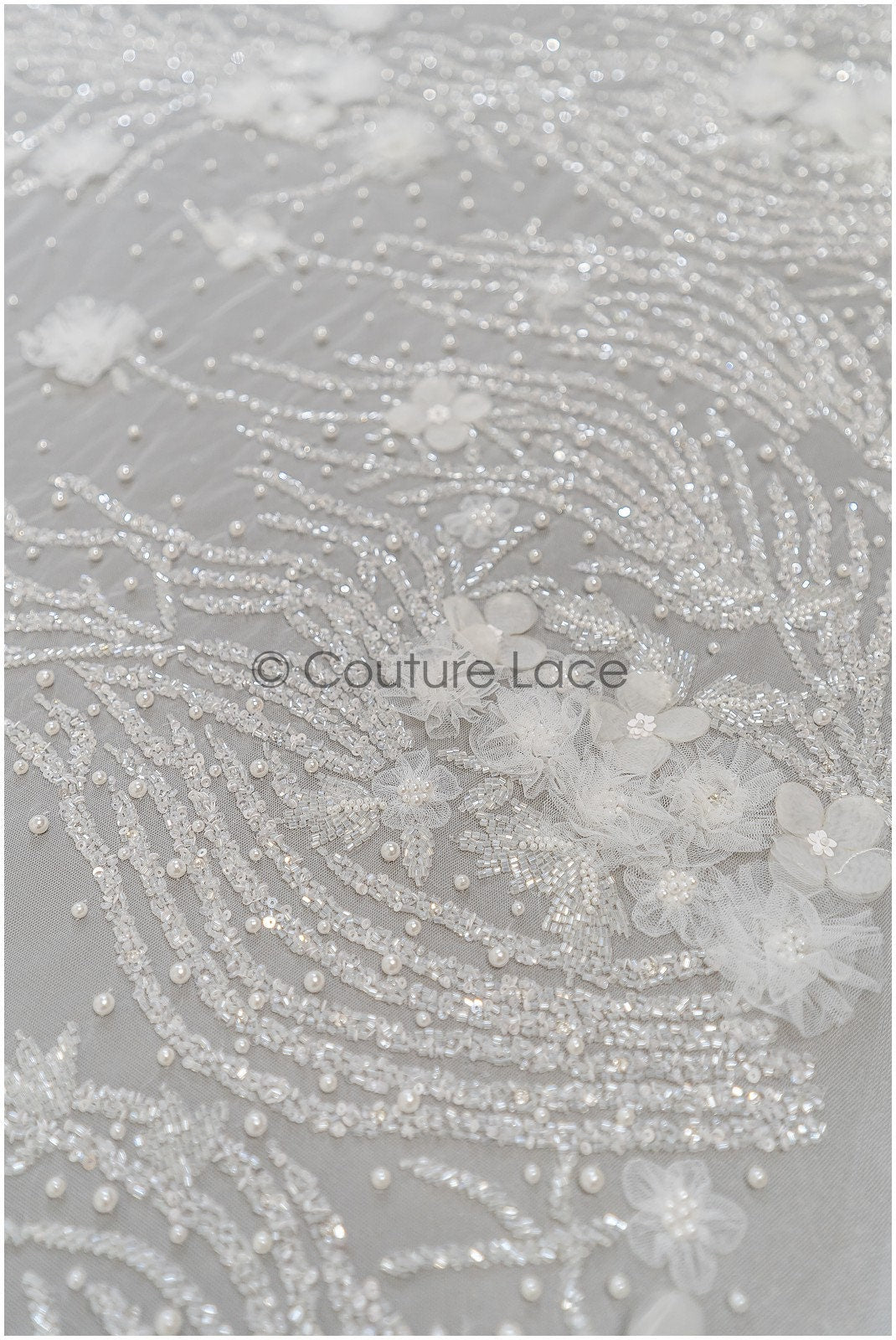 Hand beaded bridal lace/ 3D flower lace fabric/ beaded wedding dress lace/ designer couture lace/ handmade lace// L21-185